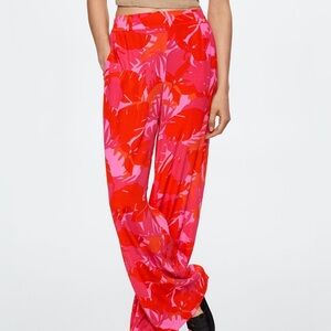 Mango Pink & Red Floral-Print Wide-Leg Pants